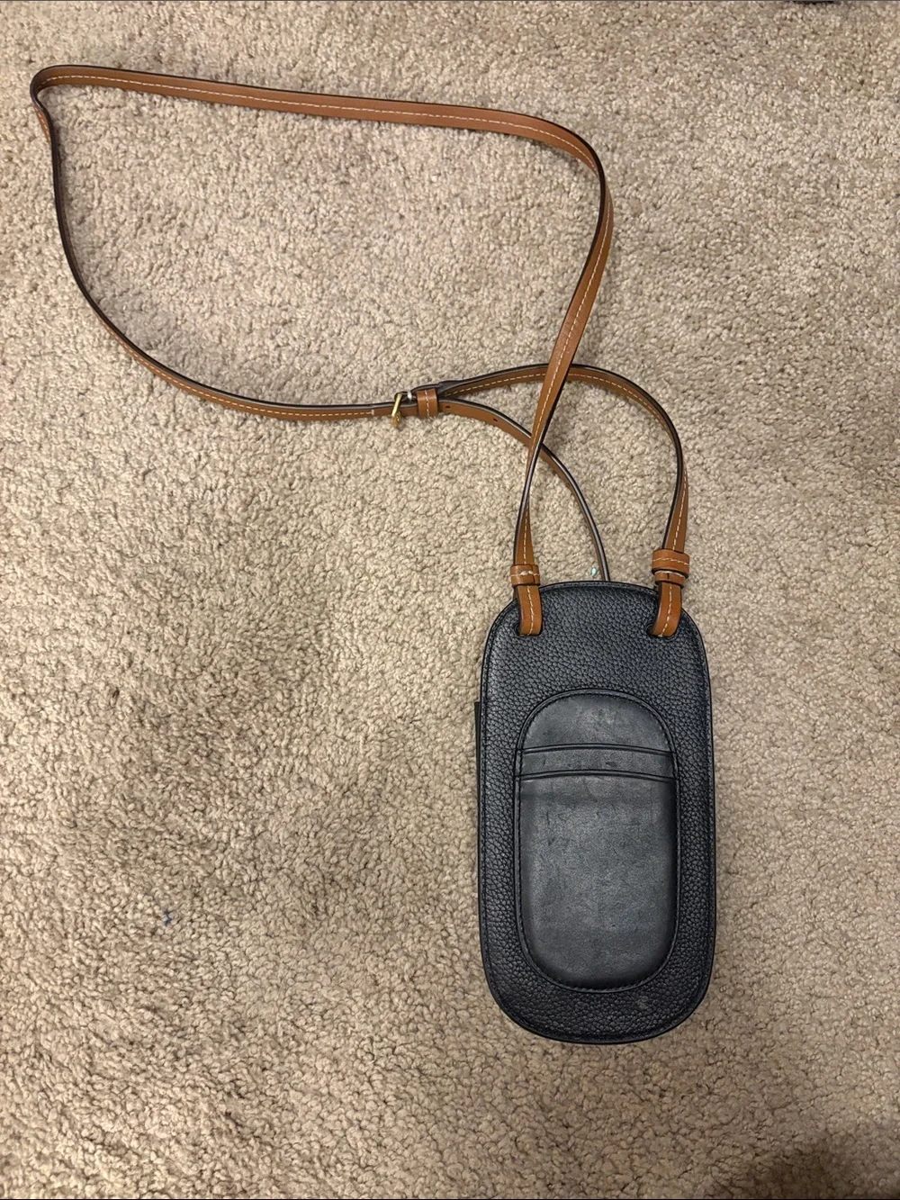 Tory Burch Black Leather Crossbody Phone Pouch with Brown Strap